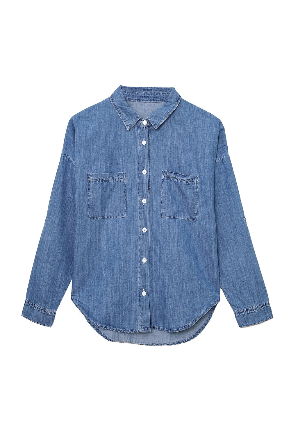 Turn Down Collar Buttoned Long Sleeve Denim Shirt